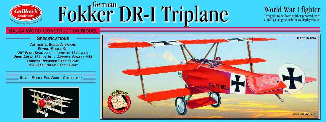 Guillow\'s 1/12 Fokker DR-1 Triplane Laser Cut Model Kit (1)