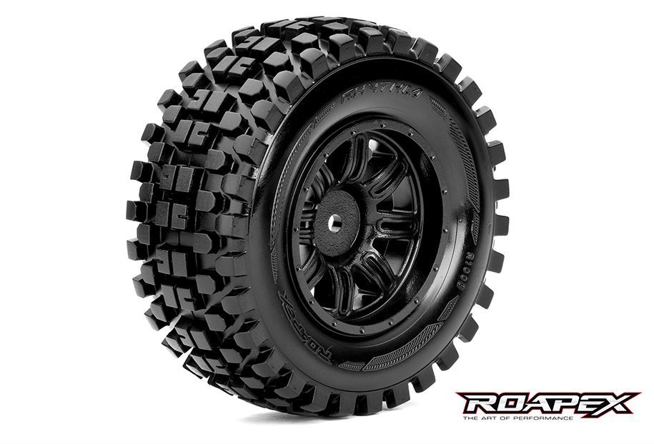 Rhythm 1/10 Short Course Tires, Mounted on Black Wheels, 12mm He