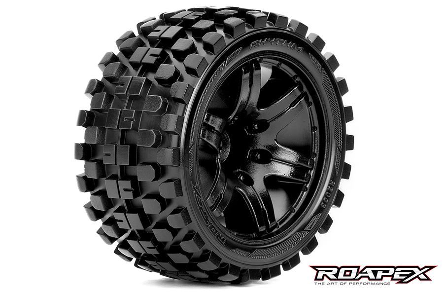 Rhythm 1/10 Stadium Truck Tires, Mounted on Black Wheels,