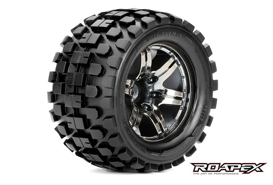 Rhythm 1/10 Monster Truck Tire, Mounted on Chrome Black Wheel