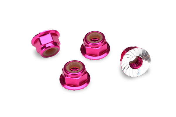 Traxxas Nuts, 4mm aluminum, flanged, serrated (pink-anodized) (1