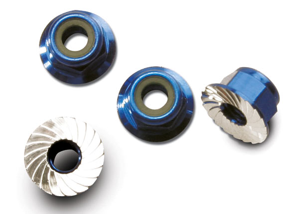 Traxxas 4mm Aluminum Flanged Serrated Nuts (Blue) (4)