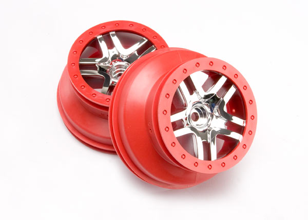 Traxxas Wheels, Sct Split-Spoke, Chrome, Red Beadlock Style, Dua