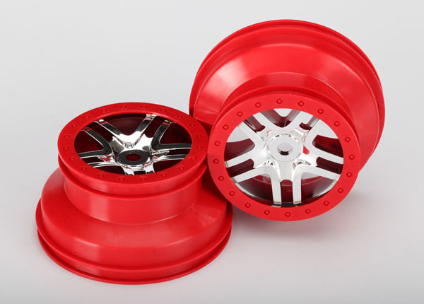 Traxxas Wheels, Sct Split-Spoke, Chrome, Red Beadlock Style, Dua
